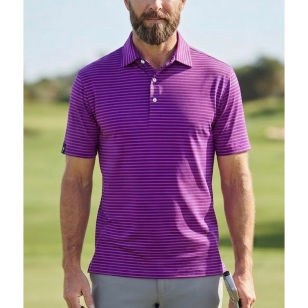 RLX Ralph Lauren Mens Purple Navy Striped Golf Polo Shirt Short Sleeve Size S